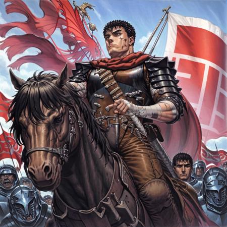 00071-211544438-masterpiece, best quality, highly detailed, guts _(berserk_), armor, bandages, black hair, cape, flag, helmet, horse, horseback.png